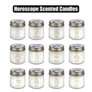 Candle in holder glass w/metal lid horoscope