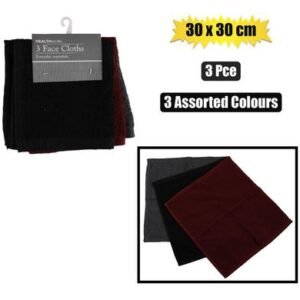 Face cloth 30x30cm 3pc plain asstd dark